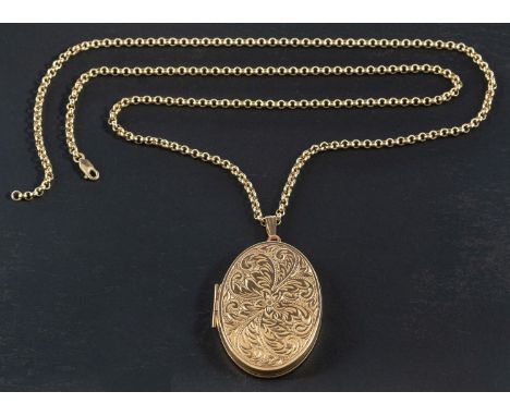 A 9ct gold, oval locket pendant with floral decoration, together with a belcher-link chain, stamped '375', length of pendant 