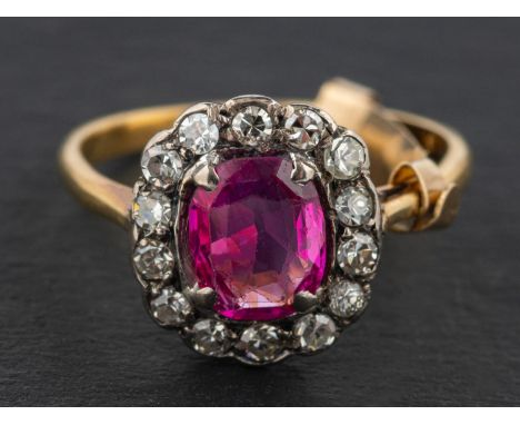 A cushion-cut pink sapphire and single-cut diamond cluster ring, estimated pink sapphire weight ca. 1.10ct, total estimated d