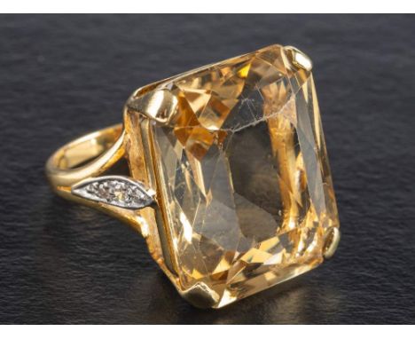 A mixed-cut citrine and single-cut diamond cocktail ring,  estimated total citrine weight ca. 25cts, length of ring head ca. 