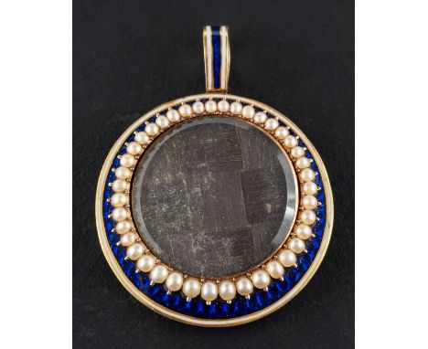An early Victorian memorial pendant, with hairwork centrepiece, seed pearl surround, blue and white enamel decoration with en
