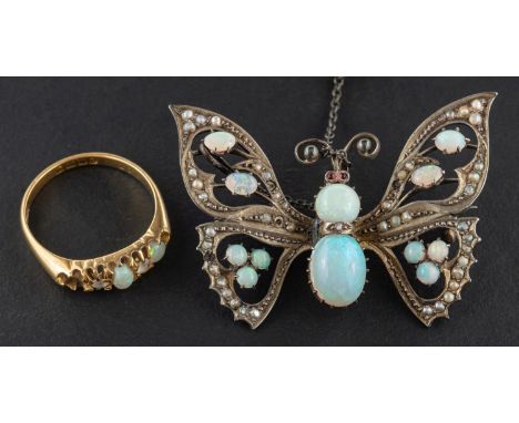 Two items of opal jewellery, including an Edwardian 18ct gold opal and white topaz ring, with hallmarks for London, 1909, len