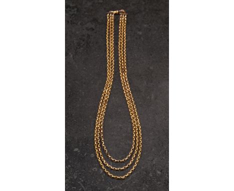 A three-row, belcher-link, watch chain, with dog clip, the dog clip and the chain stamped '9CT', length of inner chain ca. 49