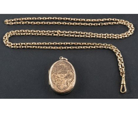 An oval, locket pendant, with engraved floral decoration, together with a belcher-link watch chain, the dog clip stamped '9K'