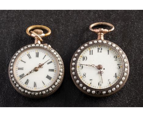 A pair of enamel ladies fob watches both with cylinder escapements to the movements and inset pearls to the bezels, one with 