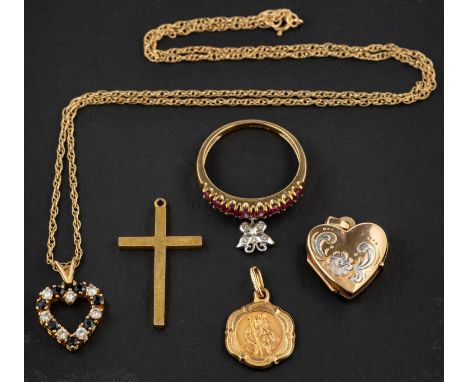 A collection of 9ct gold jewellery, including a heart-shaped locket pendant with floral motif; a sapphire and CZ heart-shaped