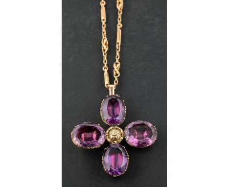 A 19th century, quatrefoil, foil backed amethyst pendant, together with a fancy-link chain, length of pendant ca. 4.3cm, leng