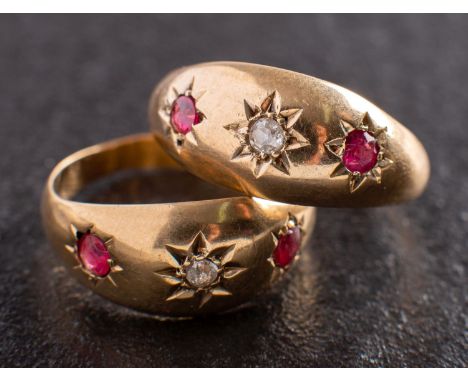 Two Edwardian, 18ct gold, old-cut diamond and ruby, gypsy-set rings, both with hallmarks for Birmingham, 1905, each with esti