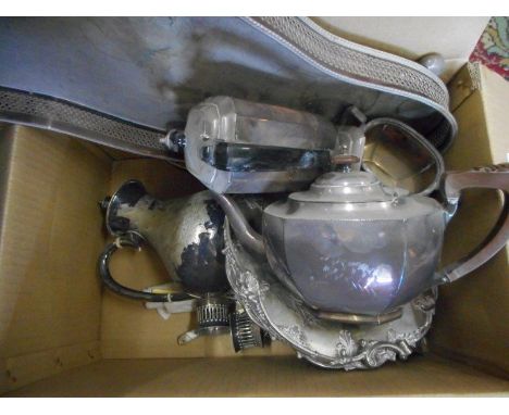 Plate comprising:- shaped tray with saw pierced decoration, two coffee pots, three piece tea service, napkin rings, flatware 