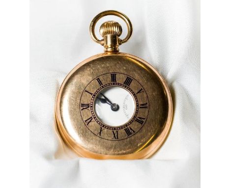 A gentleman's pocket watch, white enamel dial, in a gold plated half hunting case with black enamel numerals to the chapter r