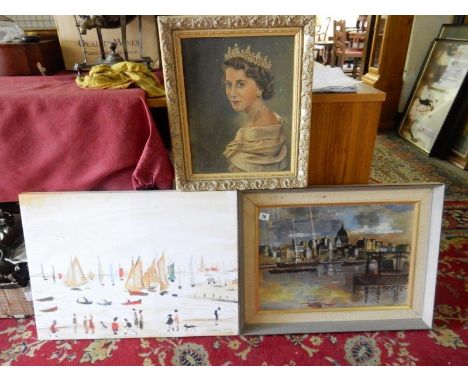 W. Halle. Oils - St Pauls Cathedral, an oiled print - Head and shoulders of Queen Elizabeth II, an oil of sailing boats, repr