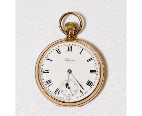 A gentleman's openface pocket watch, white enamel dial, seconds dial, in a 9ct. gold case