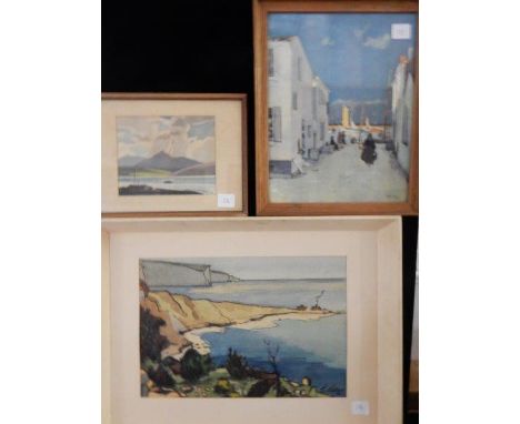 E. Wallace.  A watercolour - Coastal view, four coloured prints - Landscape and farm scenes, a coloured print after Wintz and