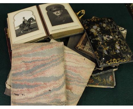 Two 18th Century manuscript volumes, a mother of pearl and lacquer letter case, a photo album (WWI military portraits) & othe