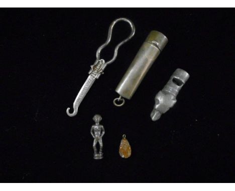 A silver cigar holder case, a folding button hook, a child's sterling silver bangle, a whistle in the form of a dogs head, tw