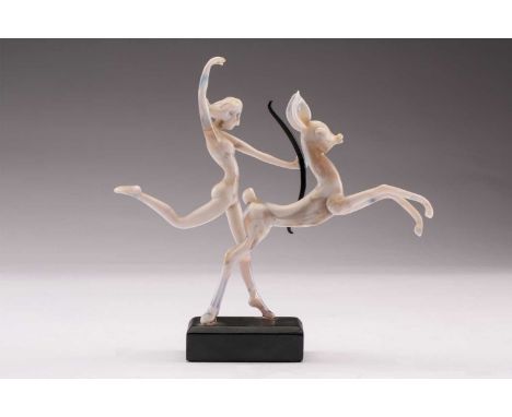 Istvan Komaromy, (b.1910) Hungary, a figural lamp work group of Diana the Huntress with a leaping deer, in tonal white opales