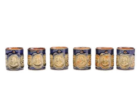 Six Royal Doulton stoneware Lord Nelson commemorative miniature mugs, circa 1905, olive green portrait of Lord Nelson and sce