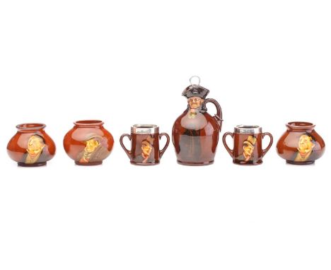 Collection of Doulton Kingsware Dickens miniatures, including three bulbous vases, 5cm high; pair of twin handled mugs with s