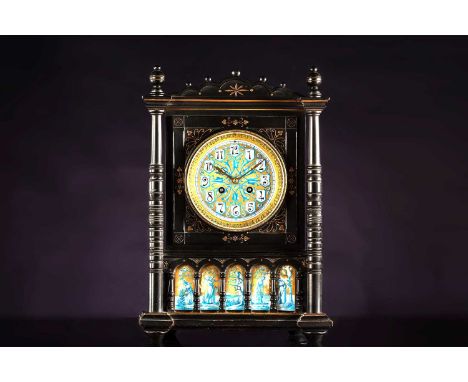An Aesthetic Movement period 8-day mantle clock, with an ebonized architectural case with engraved and gilt decoration with a