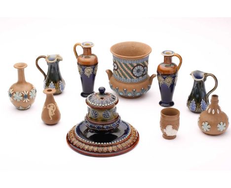 Mixed lot of Doulton stoneware, and Doulton Silicon ware, including a stoneware inkwell and cover, 11cm high, two pairs of st