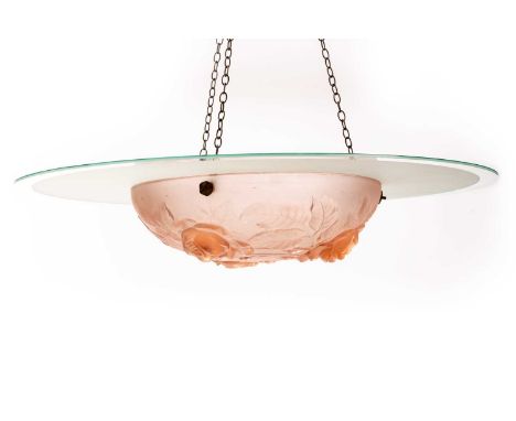 A 1930s Jobling pale pink glass plaffonier cast in relief with roses, together with a large matched frosted and clear glass '