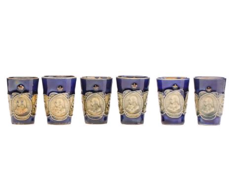 Six Royal Doulton stoneware Lord Nelson commemorative miniature beakers, circa 1905, olive green portrait of Lord Nelson and 