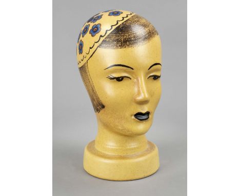 Frauenbüste / Hut-, Perückenständer, Art déco, 1920er Jahre, Keramik, staffiert in Blau, Braun und Schwarz, H. 30 cm