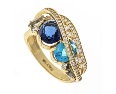 Cocktail-Ring GG 585/000 mit bunten und weißen fac. Schmucksteinen, RG 56, 5,8 g