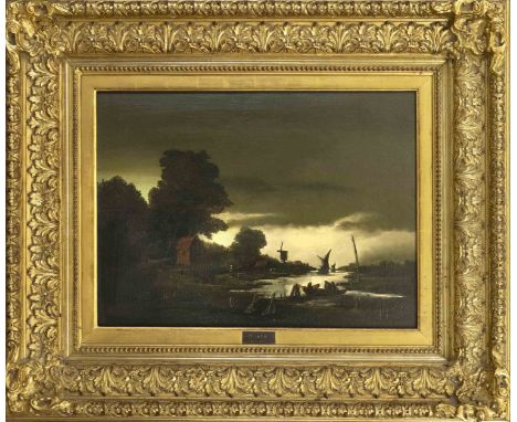 Anonymer, niederländischer Maler des 19. Jh., Landschaft mit Windmühle und Fischern in Gewitterstimmung nach Jan van Goyen (1