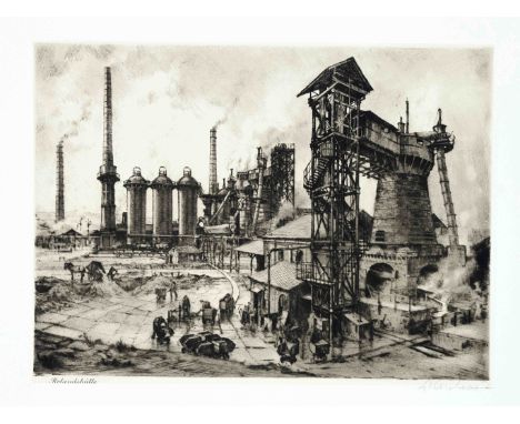 Dirk van Hees (1895-1945), Folge von 13 Radierungen mit Industrie-Motiven von Zechen, Hütten und Hochöfen, jeweils auf Kupfer