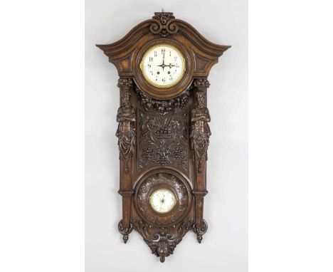 große Wanduhr Eiche um 1900, mit Uhr und Barometer, im unteren Teil das Barometer nach unten durch einen Bockkopf abgeschloss