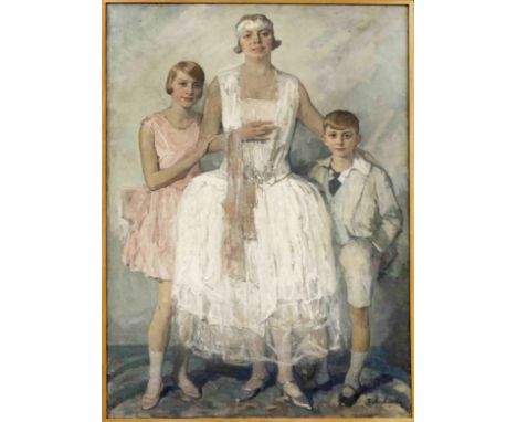 Walter Miehe (1883-1972), Berliner Maler, stud. u.a. bei Arthur Kampf, großes, repräsentes Portrait einer Frau mit ihren beid
