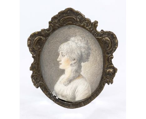 Miniatur, 19. Jh., feine Farb- und Bleistiftzeichnung auf Papier (?), seitliches Portrait einer Dame in weißem Kleid, Rahmen 