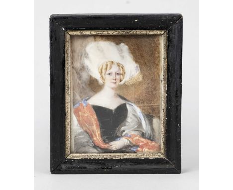 Miniatur, 19. Jh., polychrom auf Beinplatte? Portrait einer edlen Dame. Hinter Glas im profilierten und staffierten Holzrahme