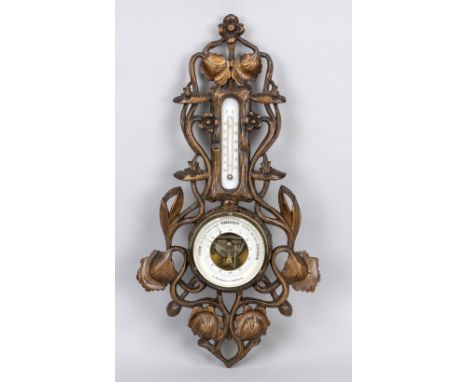 Barometer mit Thermometer, Niederlande 1.  cmH. 20. Jh., durchbrochen gearbeitetes Wandteil aus Weichholz. Thermometer mit Qu