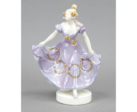 Biedermeier-Tänzerin, Goldscheider, Wien, um  1930-37, In leicht gebeugter Haltung auf erhöhtem, walzenförmigem Sockel stehen