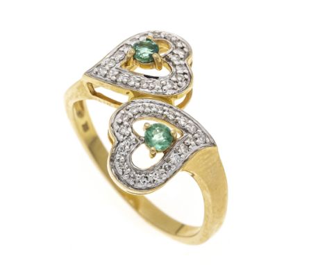 Smaragd-Diamant-Ring GG/WG 375/000 mit 2 rund fac. Smaragden 2 mm und Diamanten, RG 54, 2,6 g