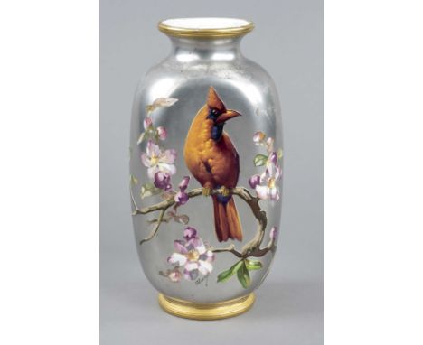 Vase, Paris, Frankreich, 19. Jh., sign., Narcisse Vivien, ein Kardinalvogel auf einem blühendem Obstast, auf silbernen Fond, 