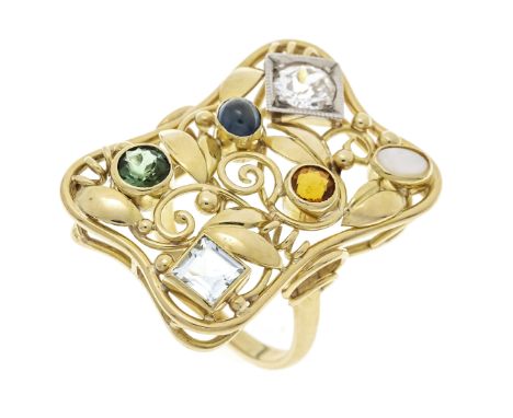 Cocktail-Ring GG 585/000 mit  unterschiedlich fac. Farbsteinen darunter Aquamarin,Saphir, Tansanit, Citrin, Milchopal 3 - 6 m