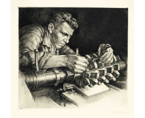 Dirk van Hees (1895-1945), Konvolut von 11 Radierungen mit Industriemotiven: Arbeiter verschiedenster Metallgewerke bei der A