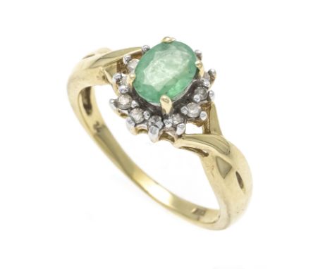 Smaragd-Diamant-Ring GG/WG 585/000 mit einem oval fac. Smaragd 6,9 x 5,1 mm Grün, transparent mit wenig inneren Merkmalen und