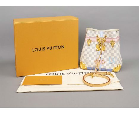 Louis Vuitton, Neo Noe Damier Azur Summer Trunk Edition, cremeweiß und blau kariertes gummiertes Baumwollgewebe mit Details a