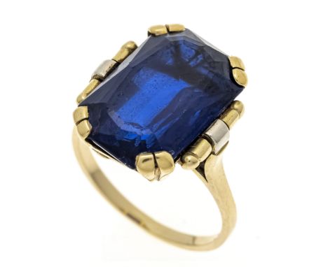 Synthetischer-Saphir-Ring GG 585/000 mit einem syth. Saphir im Smaragdschliff 16,5 x 11 mm, leicht beriebene Facetten, RG 53,