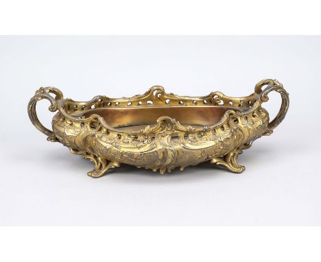 Jardinière, Ende 19. Jh., Bronze goldstaffiert mit herausnehmbarem Einsatz aus Kupferblech. Passig geschweift und durchbroche