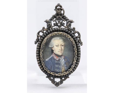 Miniatur Viktor Amadeus III., 18./19. Jh., polychrome Malerei auf Bein (?), Portrait des Königs von Sardinien-Piemont und Her