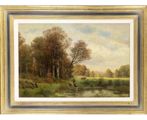 Fritz Carl Werner Ebel (1835-1895), ländliches Idyll mit Kühen am Weiher, Öl auf Lwd., u. li. sign. u. dat. 1890, 40 x 60 cm,