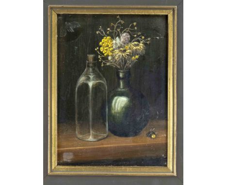 Horst Hille 1941-2015), dt. Maler, Grafiker und Bildhauer, tätig in Radebeul, kl. ''Stillleben mit Glasflaschen, Strohblumen 