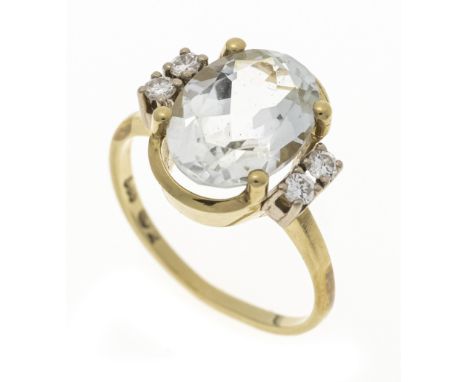 Aquamarin-Brillant-Ring GG 585/000 mit einem helleren oval fac. Aquamarin 11 x 8 mm und 4 Brillanten, zus. 0,12 ct W/SI, RG 4