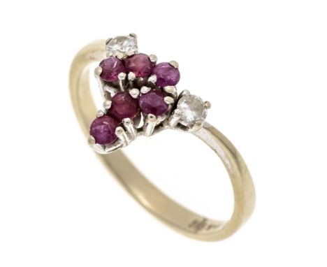 Brillant-Ring WG 585/000 mit 6 rund fac. roten Farbsteinen 2 mm und 2 Brillanten zus. 0,12 ct W/PI, RG 56, 2,6 g