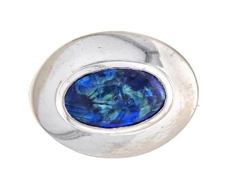 Opal-Nittelpatentschließe WG 750/000 mit einem ovalen Opal-Cabochon 11 x 6 mm in blaugrünem Farbenspiel, L. 19 mm, 8,1 g