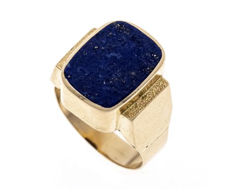 Lapislazuli-Ring GG 585/000 mit einem rechteckigen Lapislazuli-Lagenstein 15 x 12 mm, RG 61, Handarbeit eingraviert, 11,9 g